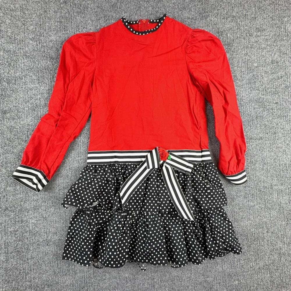 Vintage Peaches 'n Cream Dress Girls 10 Red Polka Dot Tiered Belted Party USA